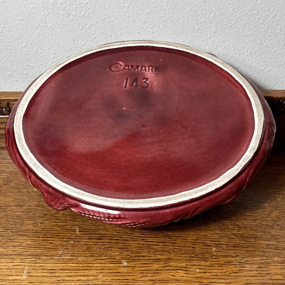 Camark Pottery 143 Burgundy Red Ceramic Leaf Design Centerpiece Bowl 11